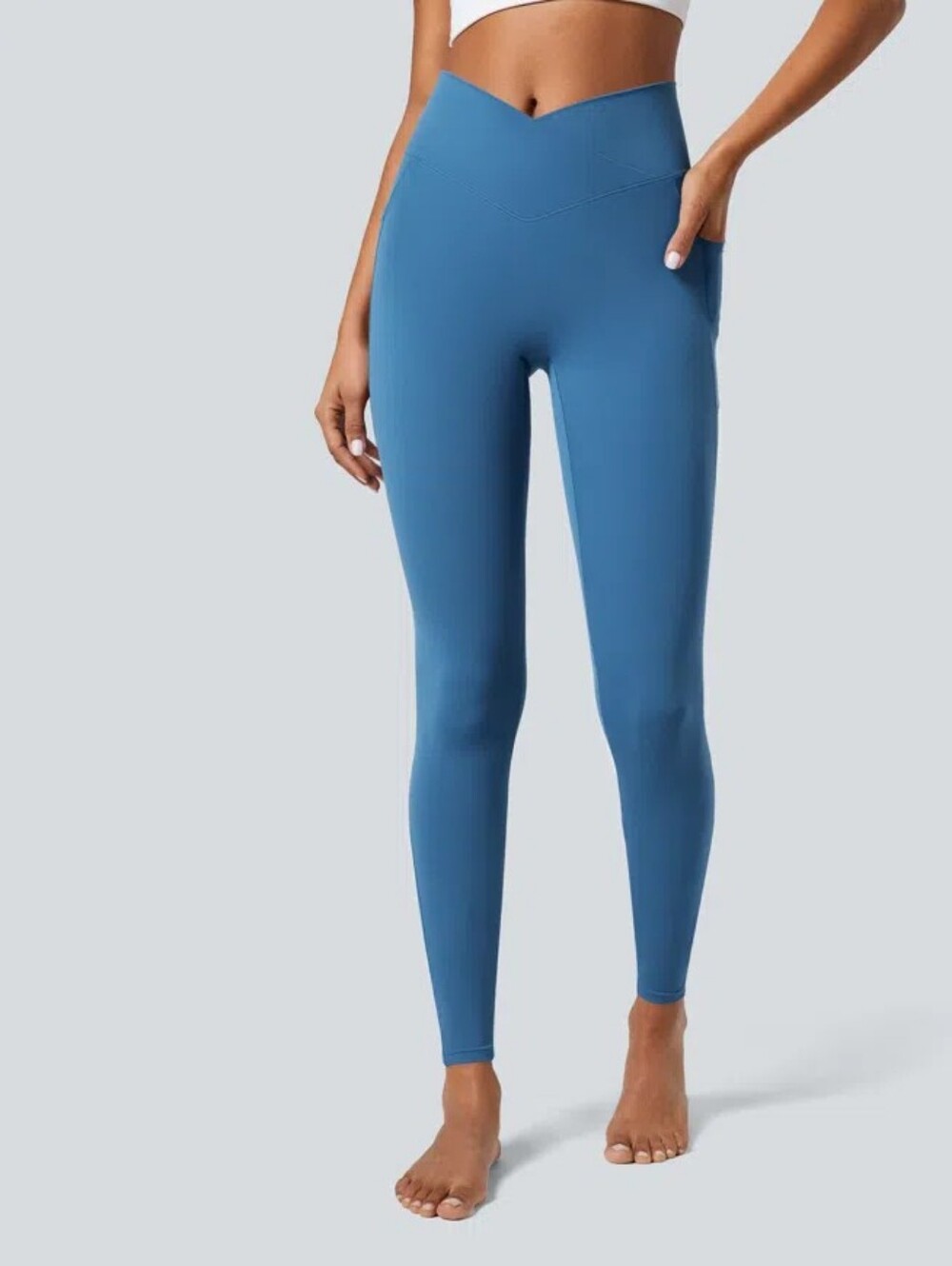 SoftlyZero™ Crossover Pocket Plain Leggings-UPF50+ In GLOOMY BLUE